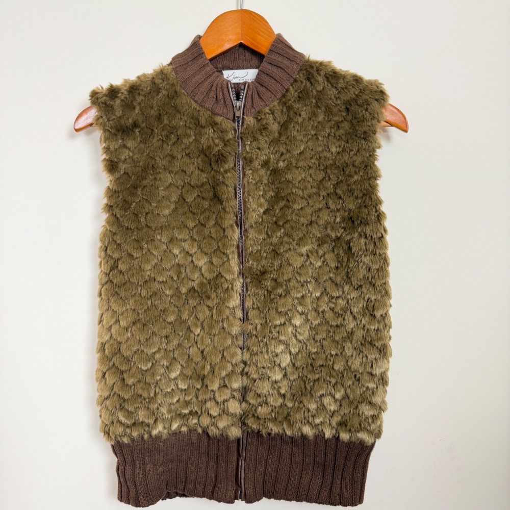 Kim Rogers Faux Fur Vest‎ Womens Large Brown Ribbed Knit Zip Up